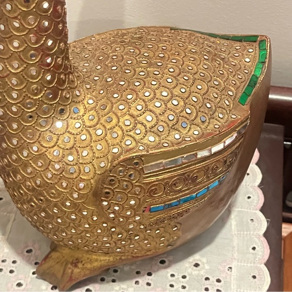 Folk Art Hand Carved Wood Decorated Golden Goose Sculpture Embossed Stone Carved - Picture 5 of 12